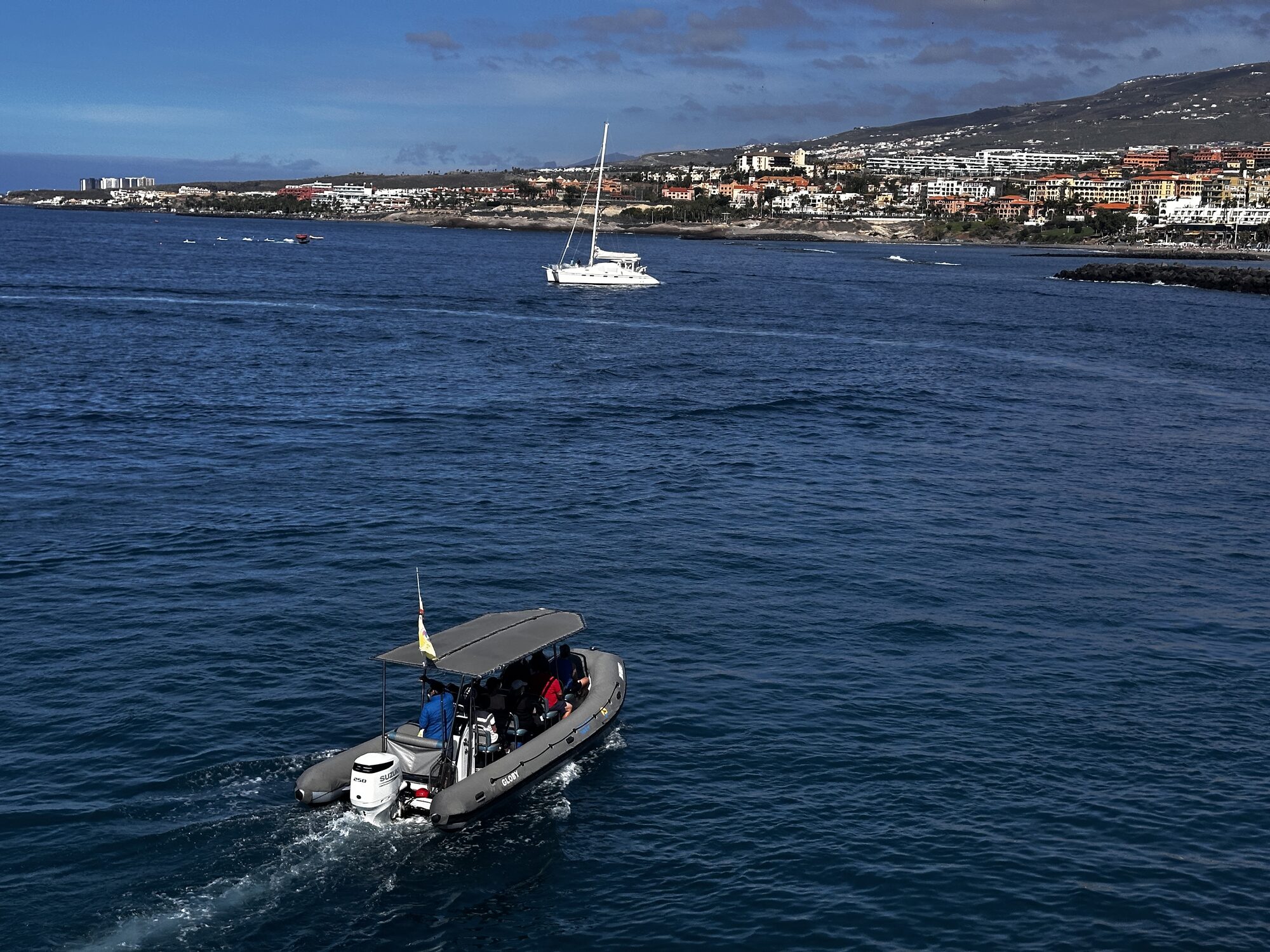 A small whale watching boat off the Costa Adeje coastline, Tenerife